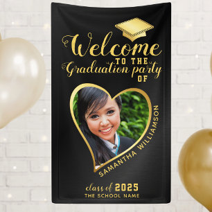 Modern Graduation Party Black Gold Photo Welcome Banner