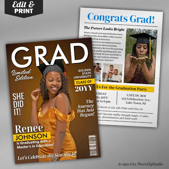 Modern Graduation Party Invite Grad Magazine Cover (Editable Graduation Party Invitation, Modern Graduate Magazine Cover Invite and Announcement)