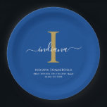 Modern Graduation Party Monogram Blue Minimalist Paper Plate<br><div class="desc">Graduation 2026 Monogram Script Initial Name Grad Party Blue paper plates. Edit and customize with your own name,  initial,  school name and class by clicking the "Personalize" button.</div>