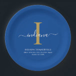 Modern Graduation Party Monogram Blue Minimalist Paper Plate<br><div class="desc">Graduation 2026 Monogram Script Initial Name Grad Party Blue paper plates. Edit and customize with your own name,  initial,  school name and class by clicking the "Personalize" button.</div>