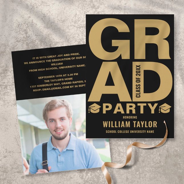 Modern Graduation Party Photo Black And Gold Invitation (Creator Uploaded)