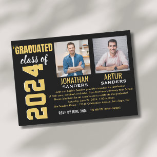 Modern Graduation Party with 2 Photos in Black Invitation