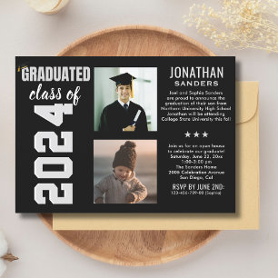 Modern Graduation Party with 2 Photos in Black Invitation