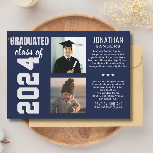 Modern Graduation Party with 2 Photos in Blue Invitation (Creator Uploaded)