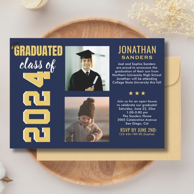 Modern Graduation Party with 2 Photos in Blue Invitation (Creator Uploaded)