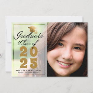 Modern Graduation Photo Black Gold Script 2025 Announcement