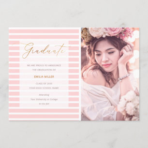 Modern Graduation Photo Blush Pink Stripes Announcement