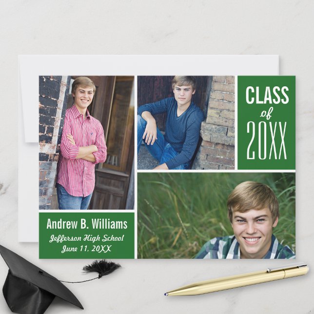 Modern Graduation Photo Collage Class 20XX Green Invitation (Creator Uploaded)