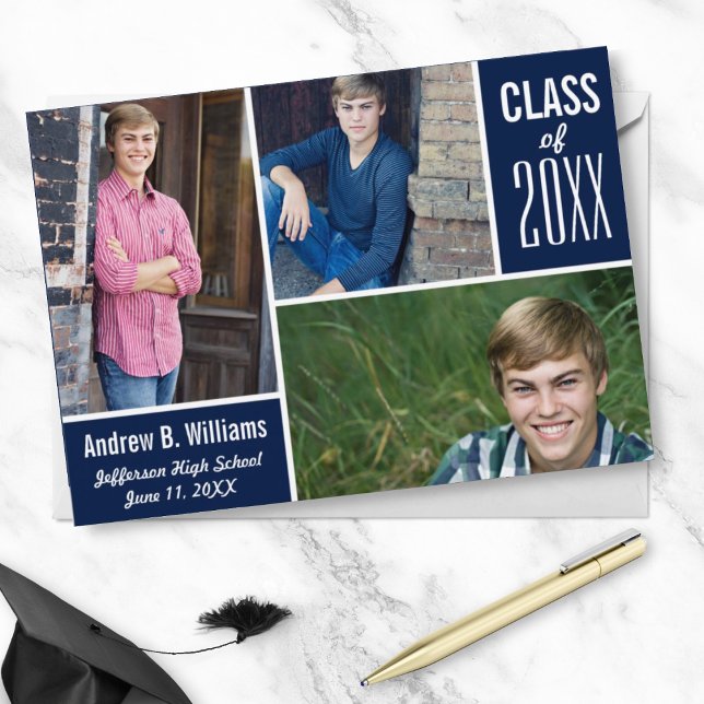 Modern Graduation Photo Collage Class of 20XX Blue Invitation (Creator Uploaded)