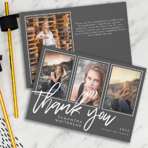 Modern Graduation Photo Collage Dark Grey Thank You Card