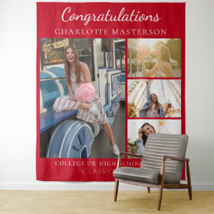 Modern Graduation Photo Collage Red Backdrop Tapestry