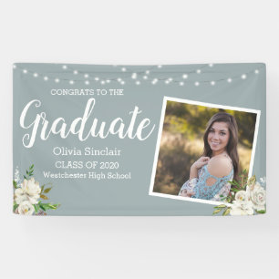 Modern Graduation Photo Floral String Lights Banner