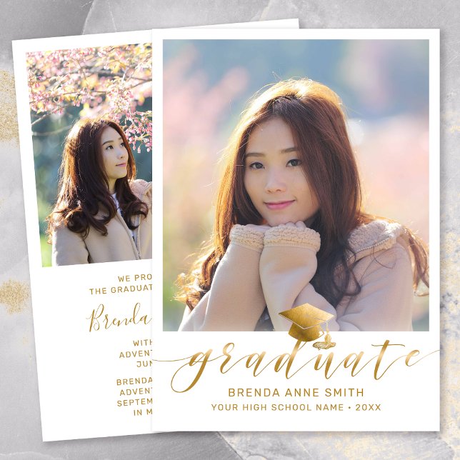 Modern Graduation Photo Gold Script Cap on White Announcement (Modern Two Photo Gold Script on White Graduation Announcement)