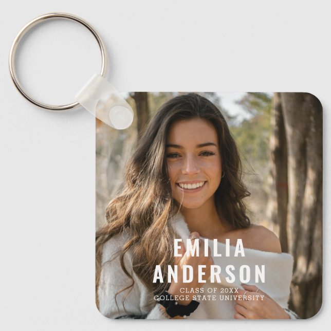 Modern Graduation Photo QR Code Info Business Card Key Ring (Front)