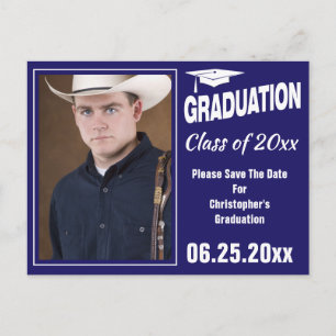 Modern Graduation Photo Save The Date Party Blue Postcard
