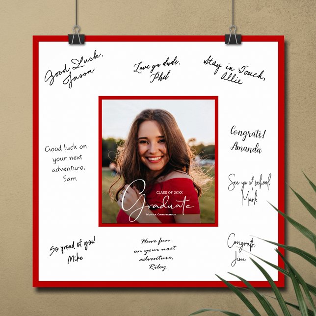 Modern Graduation Photo Signature Scarlet Border Poster (Graduation autograph poster with your photo and red border, INSTANT DOWNLOAD and/or PRINTED)