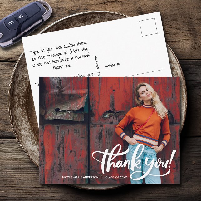 Modern Graduation Photo Thank You Postcard (Modern script thank you photo graduation postcards)