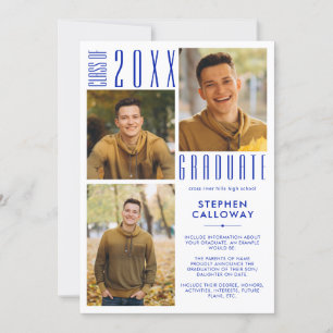 Modern Graduation Royal Blue 3 Photos Minimalist Announcement