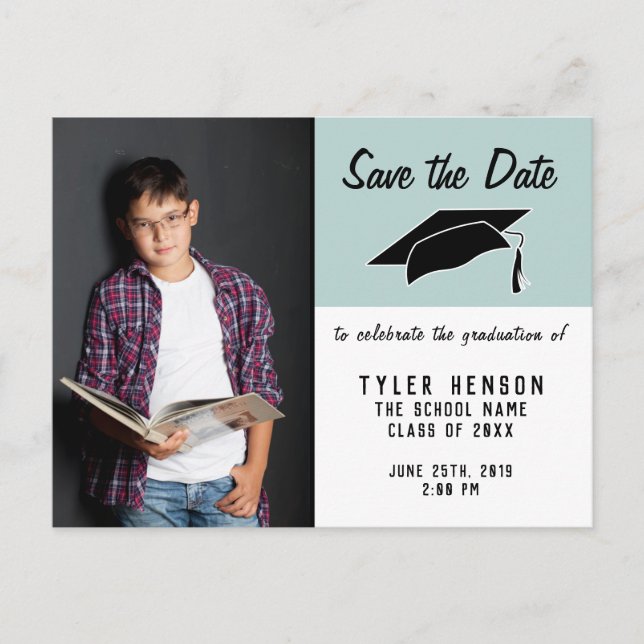 Modern Graduation Save the Date Blue Photo Announcement Postcard (Front)