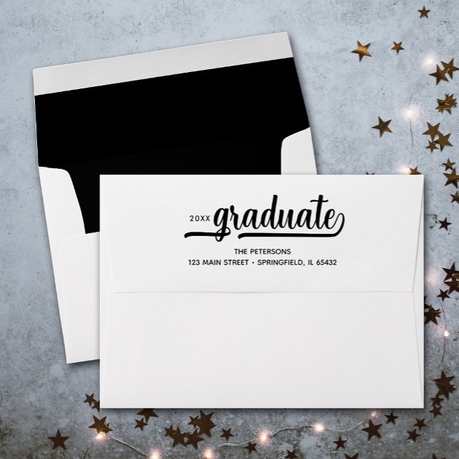 Modern Graduation Script Black Lined Envelope (Printed black lining, these envelopes have FREE return address and graduate script on the back)