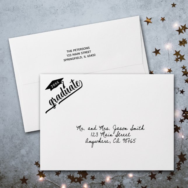 Modern Graduation Script Lined Envelope (Printed black lining, these envelopes have FREE return address and graduate script on the back)