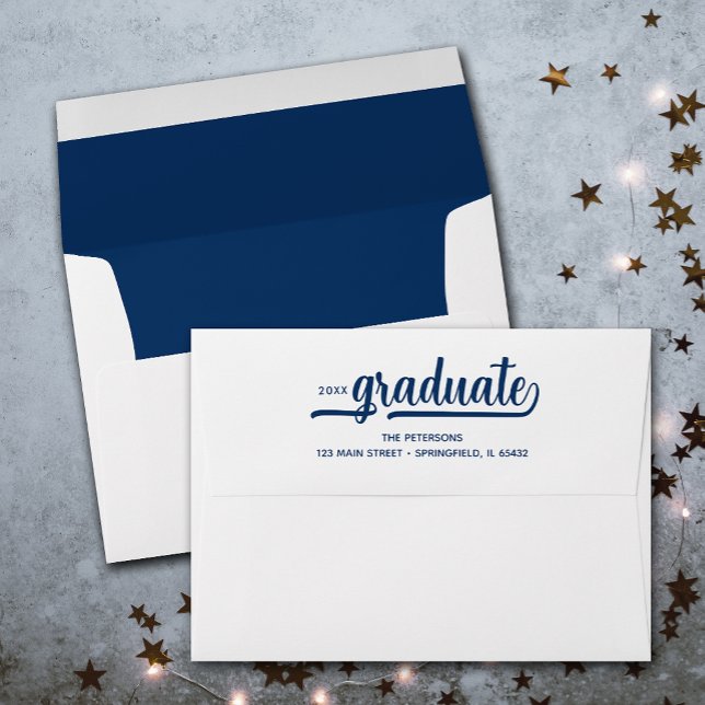 Modern Graduation Script Navy Blue Lined Envelope (Printed navy blue lining, these envelopes have FREE return address and graduate script on the back)