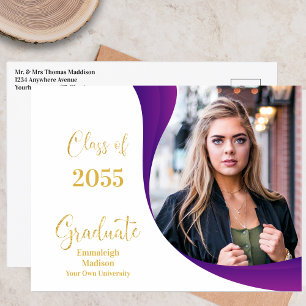 Modern Graduation White/Purple Wave Photo Announcement Postcard