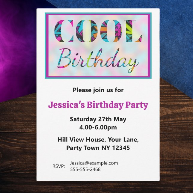 Modern Graffiti Bright Colourful Cool Birthday Invitation (A custom birthday party invitation, with graffiti style background within the words 'cool birthday')