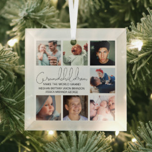 Modern Grandchildren Photo Collage Glass Ornament