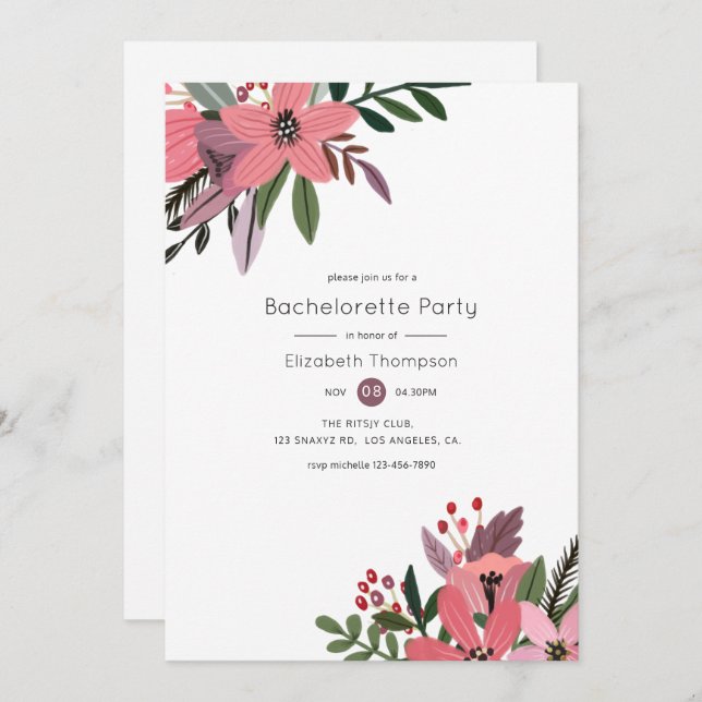 Modern Grandeur Plum and Pink Floral Bachelorette Invitation (Front/Back)