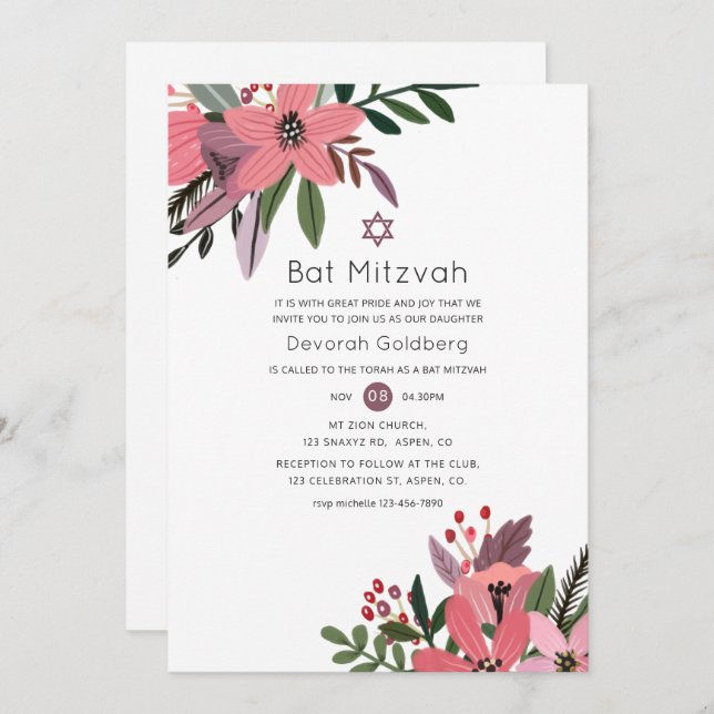 Modern Grandeur Plum and Pink Floral Bat Mitzvah Invitation (Front/Back)