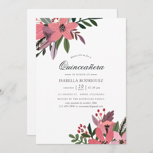 Modern Grandeur Plum and Pink Floral Quinceañera Invitation (Front/Back)