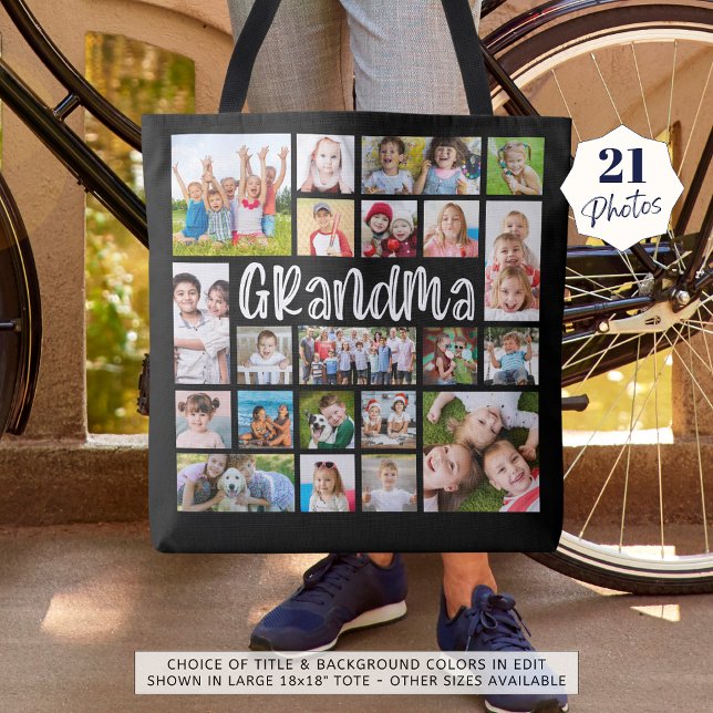 Modern Grandma 21 Photo Collage Custom Colours Tote Bag (Creator Uploaded)