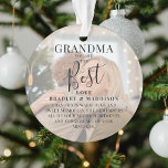 Modern 'GRANDMA' 2 Photo Names & Quote Christmas Ornament<br><div class="desc">Let Grandma know how much she means to you with this beautifully designed 2 photo Christmas ornament. Featuring 2 of your favourite pictures,  a white overlay,  the text 'Grandma you are the Best',  name/s and a sweet quote. All text is easily customised using the template provided.</div>