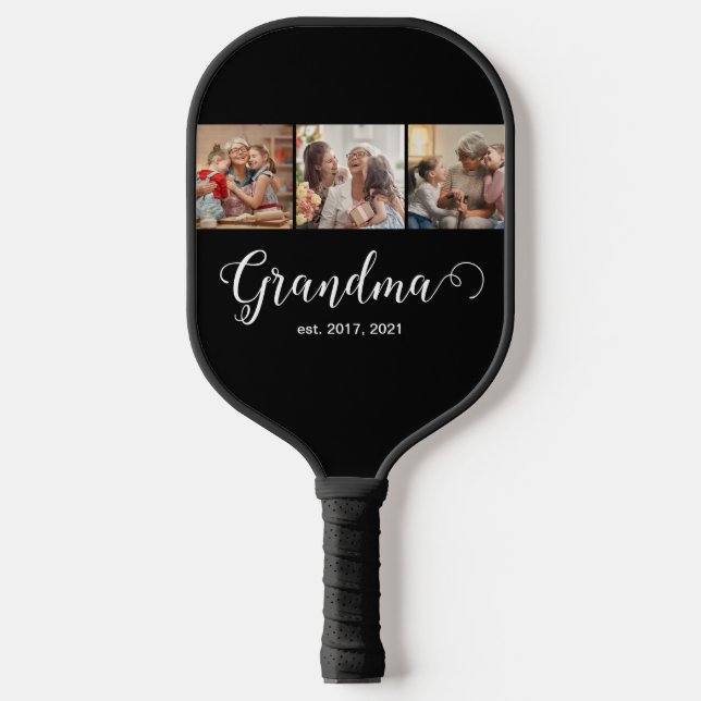 Modern Grandma Established 3 Photo White Script Pickleball Paddle (Front)
