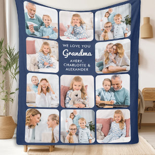 Modern Grandma Navy Blue Custom 11 Photo Collage Fleece Blanket