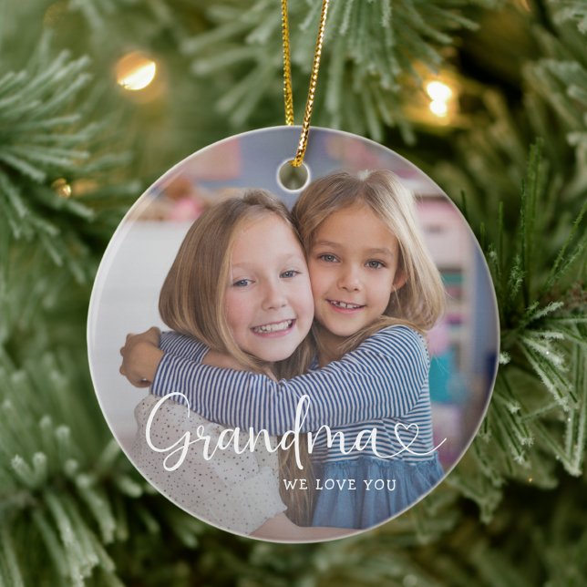 Modern Grandma We Love You Cute Heart 2 Photo Ceramic Ornament (Creator Uploaded)