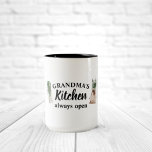 Modern Grandma's Kitchen Is Always Open Best Gift Two-Tone Coffee Mug<br><div class="desc">Welcome to Grandma's Kitchen, where love and warmth are always on the menu! Delight your favourite grandmother with this charming gift product from Zazzle. Whether it's for Mother's Day, her birthday, or just to show appreciation, this thoughtful item is sure to bring a smile to her face.Surprise Grandma with a...</div>