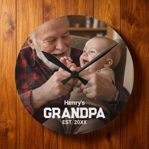 Modern Grandpa Est. Name Year Photo Black Round Clock
