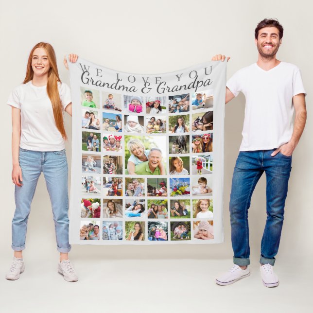 Modern Grandparents Photo Collage Grey Fleece Blanket (In Situ)