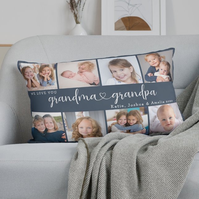 Modern Grandparents Photo Collage Heart Script Lumbar Cushion (Creator Uploaded)