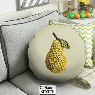 Modern Granny Yellow Green Crochet Pear Fruit Round Cushion
