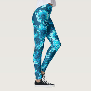 Modern Graphic Dahlia Flowers, Indigo Blue Leggings