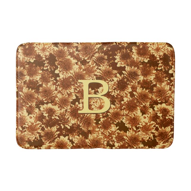 Modern Graphic Dahlia Pattern, Brown and Gold Bath Mat (Front)