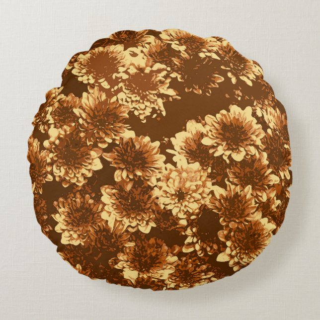 Modern Graphic Dahlia Pattern,Brown and Gold Round Cushion (Front)
