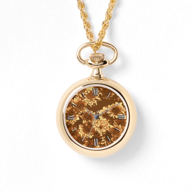 Modern Graphic Dahlia Pattern, Brown and Gold Watch (Front)