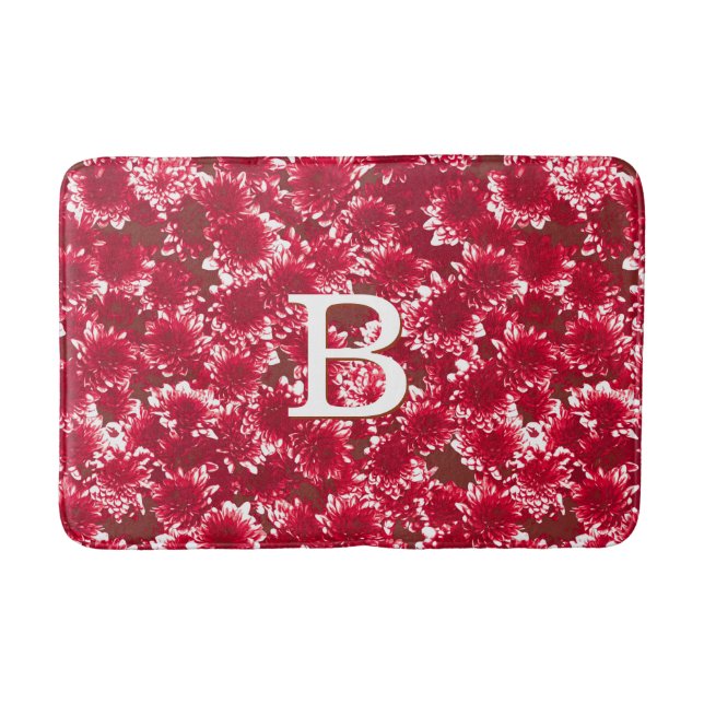 Modern Graphic Dahlia Pattern, Dark Red and White Bath Mat (Front)