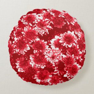 Modern Graphic Dahlia Pattern, Dark Red and White Round Cushion