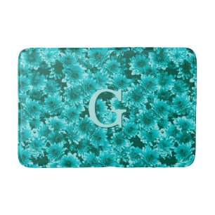 Modern Graphic Dahlia Pattern, Teal and Aqua Bath Mat