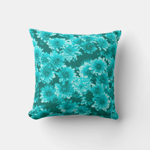 Modern Graphic Dahlia Pattern, Teal and Aqua Cushion
